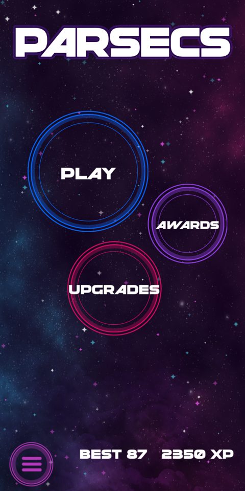 The Parsecs title screen with its Play, Awards and Upgrades rings