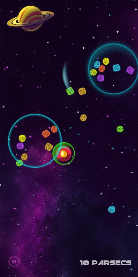 The ship flying past planets and asteroid bubbles